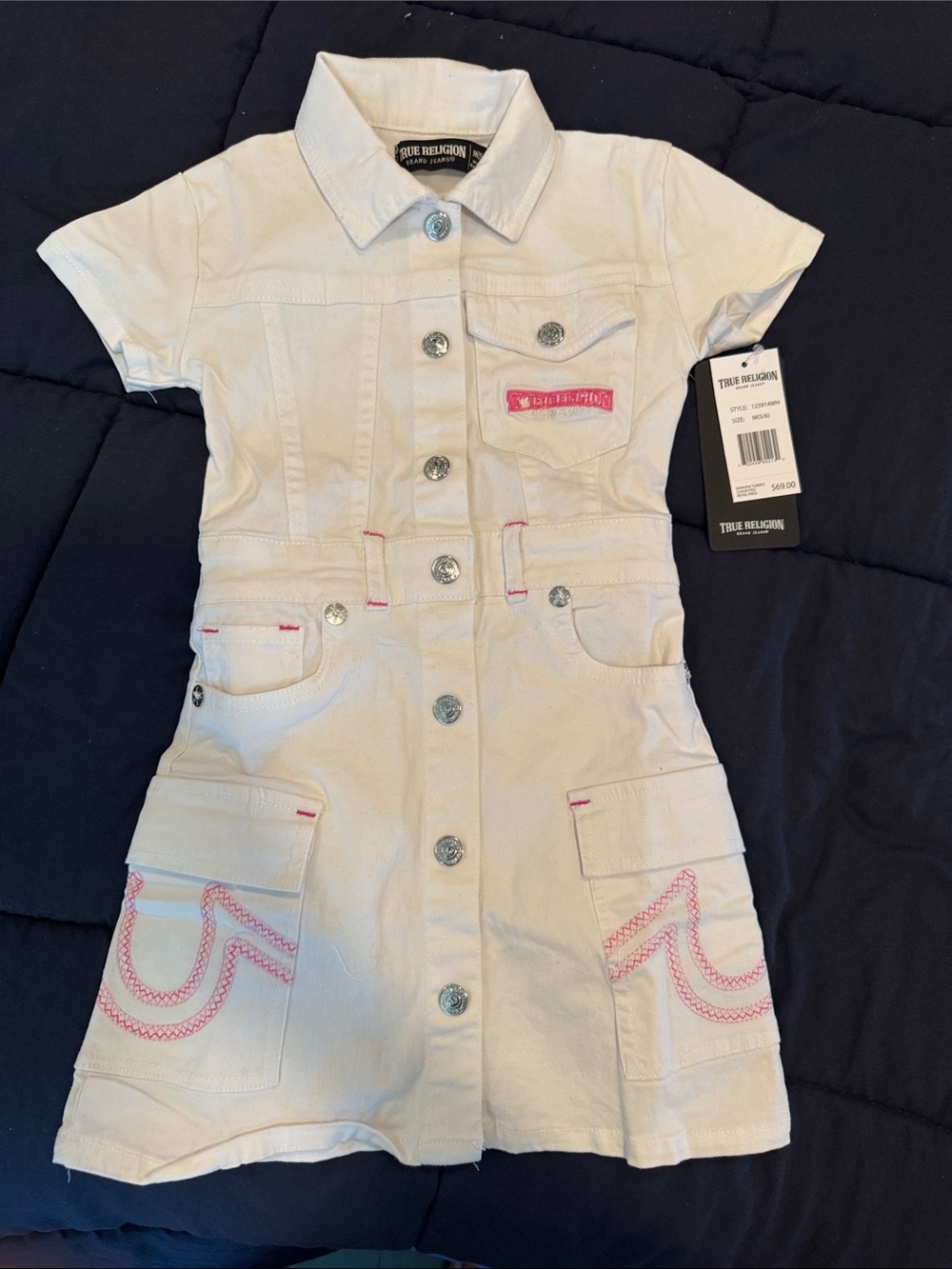 True Religion White Short-Sleeve Denim Dress with Pink Stitching